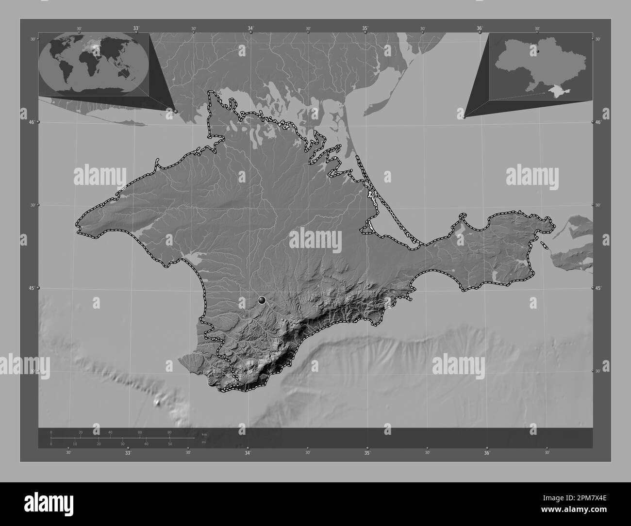 Crimea, autonomous republic of Ukraine. Bilevel elevation map with lakes and rivers. Corner auxiliary location maps Stock Photo
