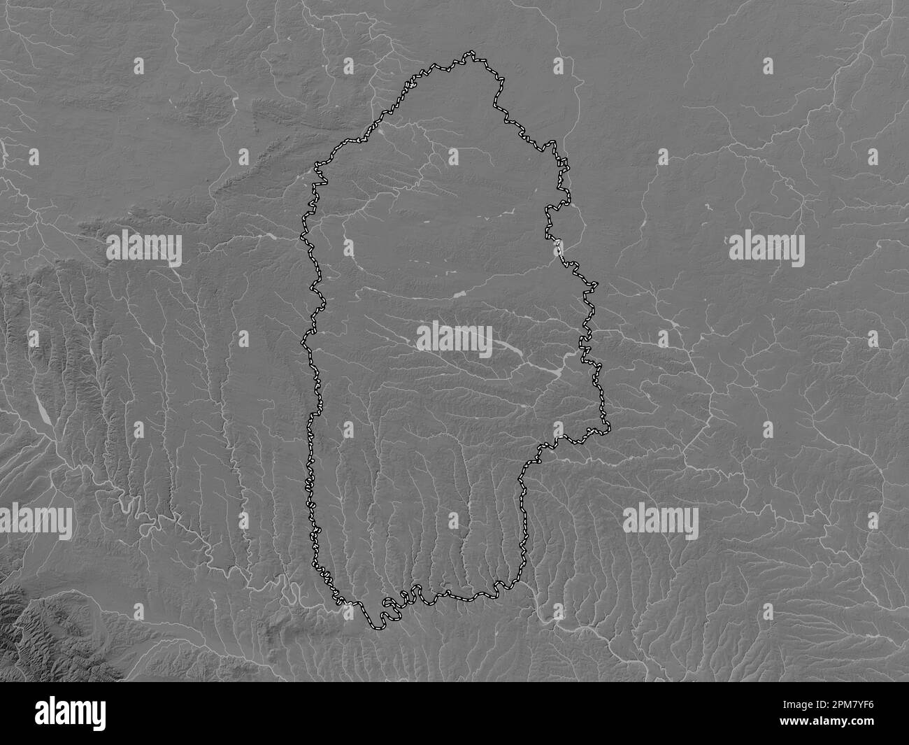 Khmel'nyts'kyy, region of Ukraine. Grayscale elevation map with lakes and rivers Stock Photo