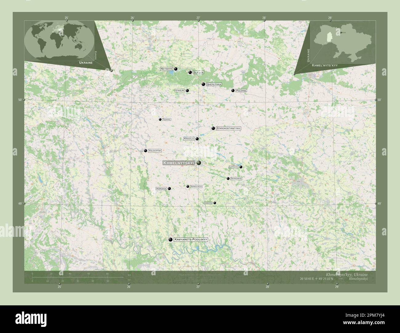 Khmel'nyts'kyy, region of Ukraine. Open Street Map. Locations and names of major cities of the region. Corner auxiliary location maps Stock Photo