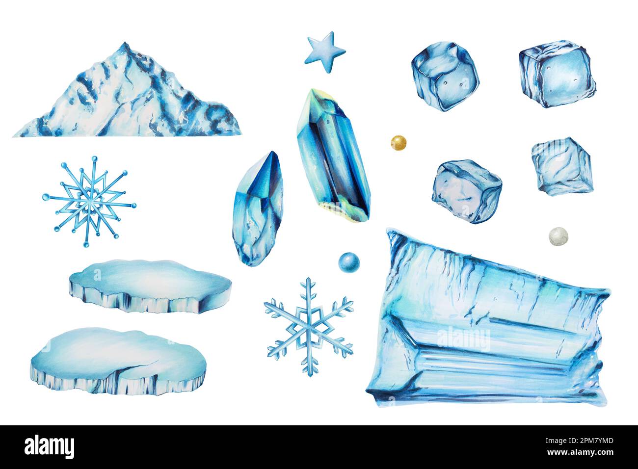 Watercolor set of snow mountains and ice crystals, snowflakes