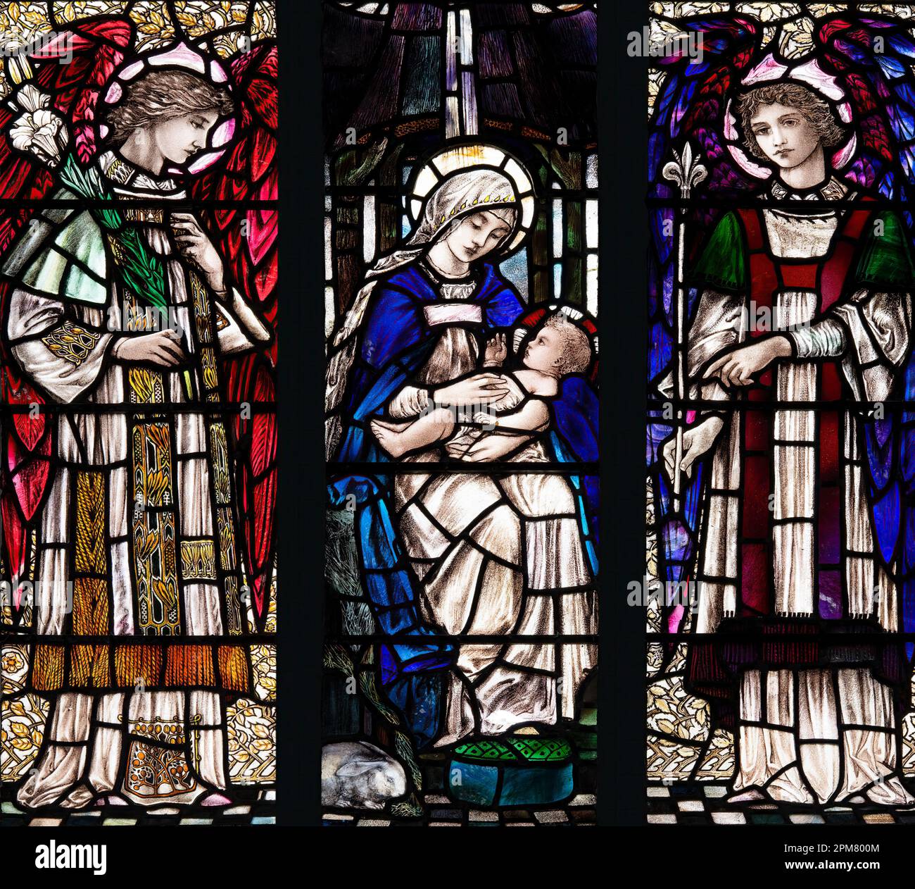 The Nativity with Angels by Christopher Whall (1914), St Mary and All Saints Church, Whalley, Lancashire, UK Stock Photo