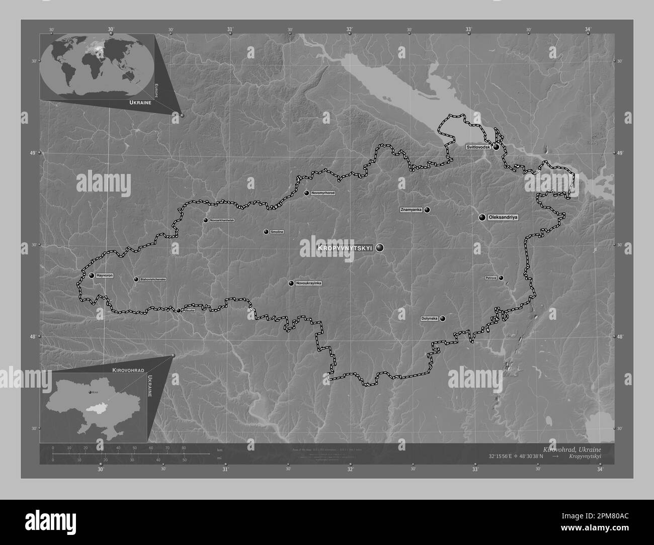 Kirovohrad, region of Ukraine. Grayscale elevation map with lakes and rivers. Locations and names of major cities of the region. Corner auxiliary loca Stock Photo