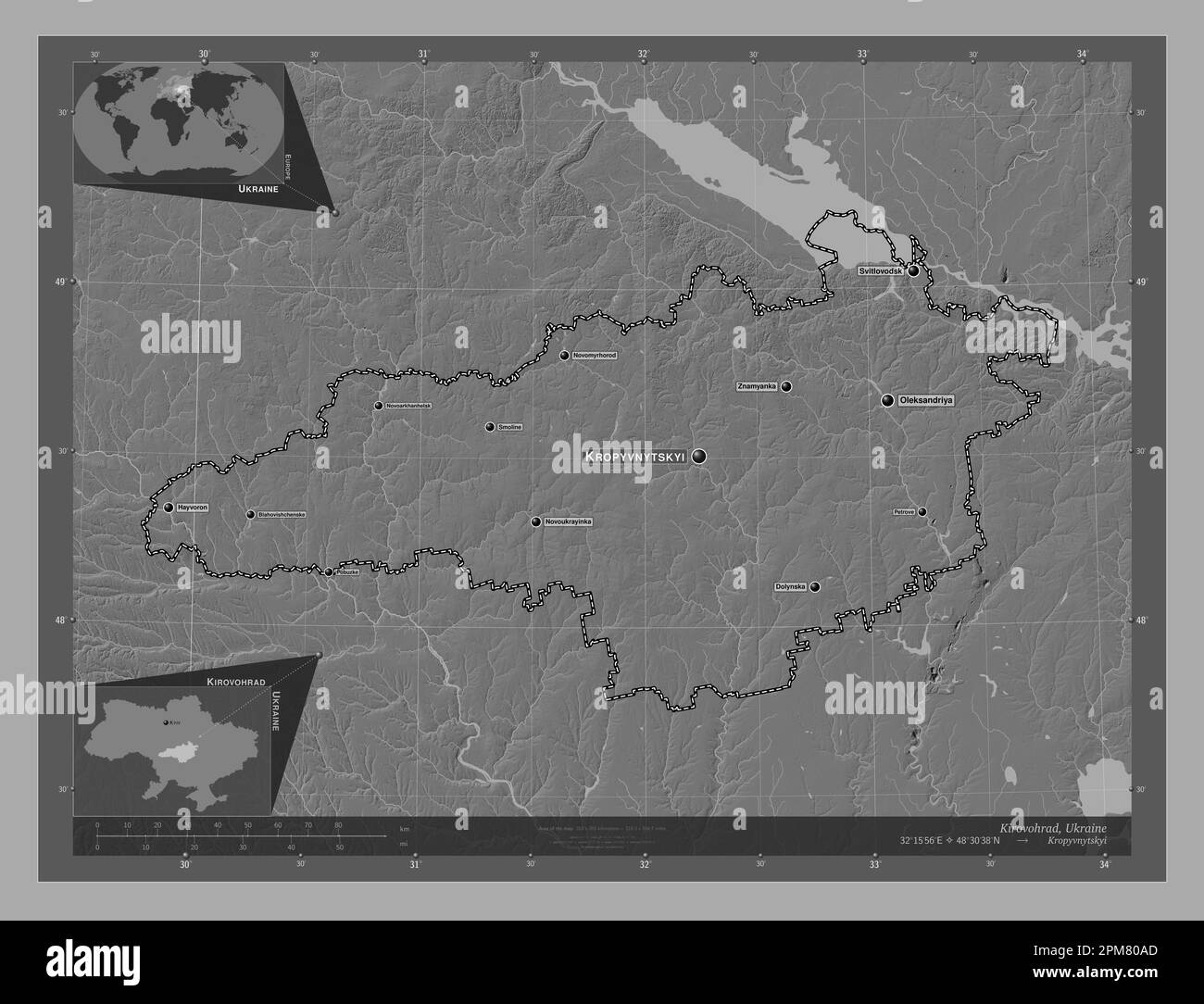 Kirovohrad, region of Ukraine. Bilevel elevation map with lakes and rivers. Locations and names of major cities of the region. Corner auxiliary locati Stock Photo