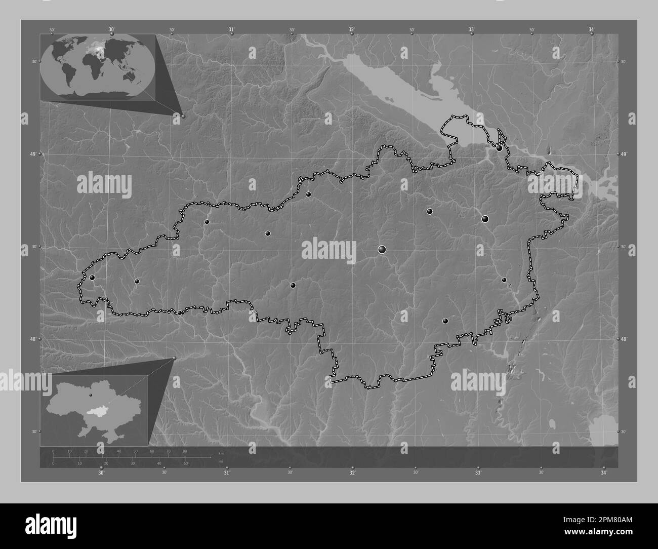 Kirovohrad, region of Ukraine. Grayscale elevation map with lakes and rivers. Locations of major cities of the region. Corner auxiliary location maps Stock Photo