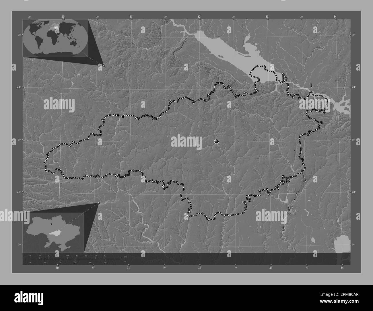 Kirovohrad, region of Ukraine. Bilevel elevation map with lakes and rivers. Corner auxiliary location maps Stock Photo