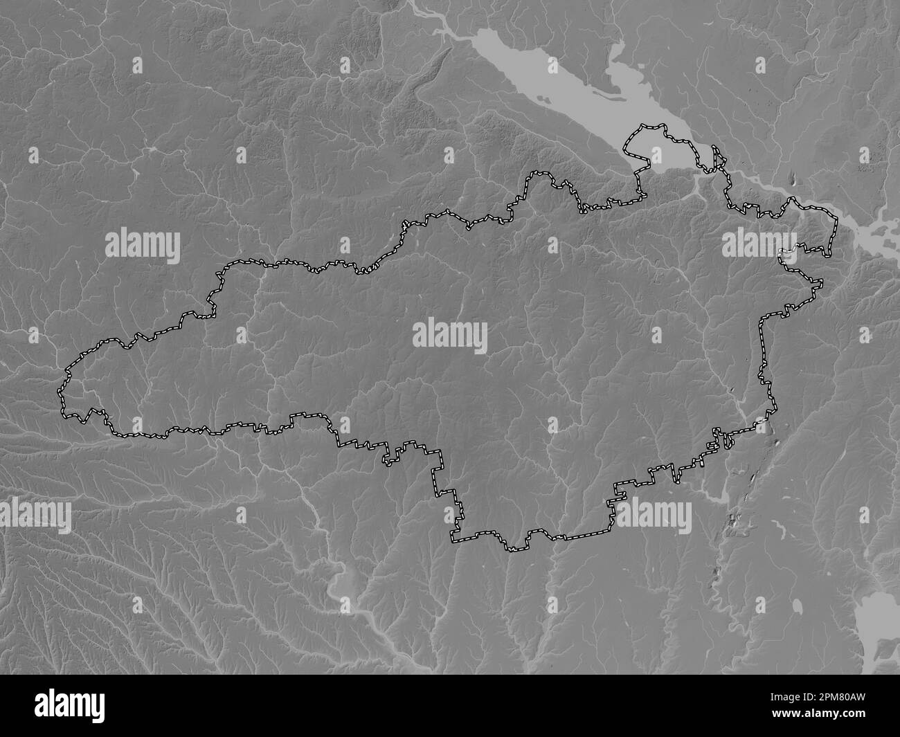 Kirovohrad, region of Ukraine. Grayscale elevation map with lakes and rivers Stock Photo