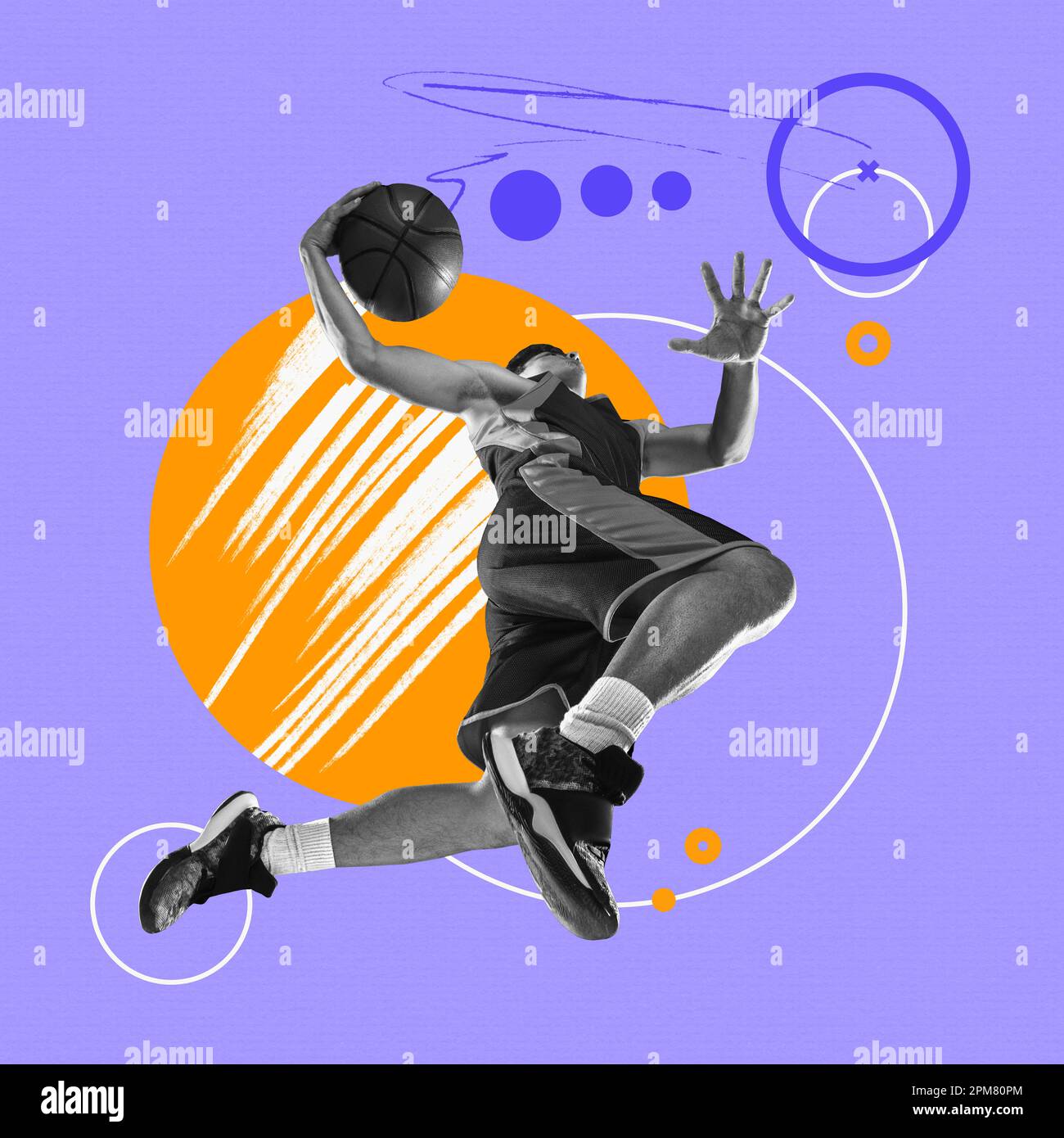 Contemporary art collage with male professional basketball player jumping and throwing ball into