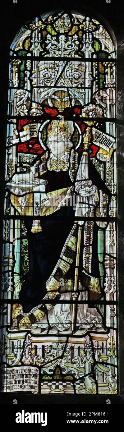 Stained glass window by Percy Bacon & Brothers depicting St Aidan of Lindisfarne, St Hilda's Church, Lucker, Northumberland Stock Photo