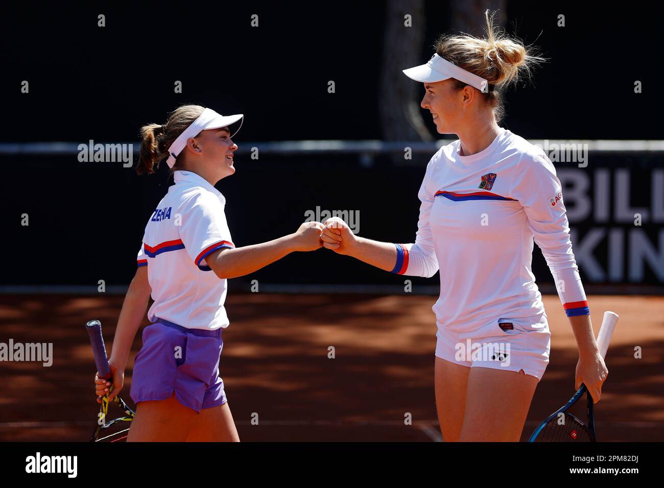 From left Sara Bejlek and Linda Noskova of Czech Republic during the training session prior to the Billie Jean King Cup 2023 against Ukraine in Megasa Stock Photo