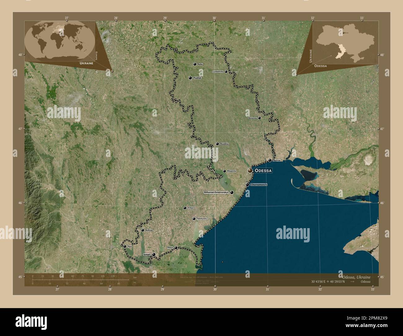 Odessa, region of Ukraine. Low resolution satellite map. Locations and ...