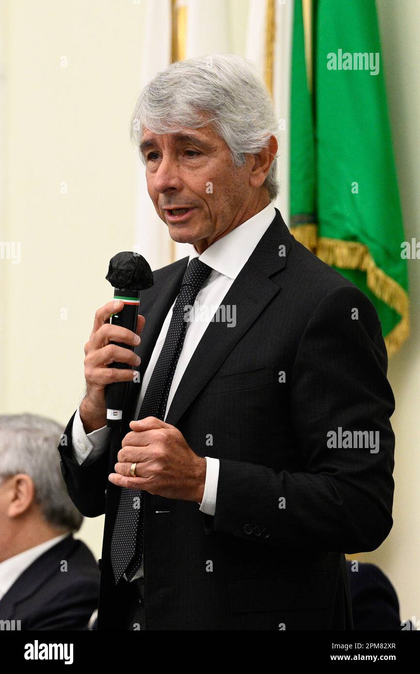 Andrea Abodi during press conference to present the DS Automobiles 80th Italian Open at the Coni Hall of Honor April 12, 2023 in Rome, Italy. Stock Photo