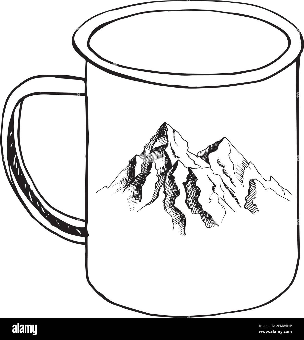 Hand drawn vector illustration of a mug decorated with mountains in doodle sketch style on white background. Isolated black outline. Camping and touri Stock Vector