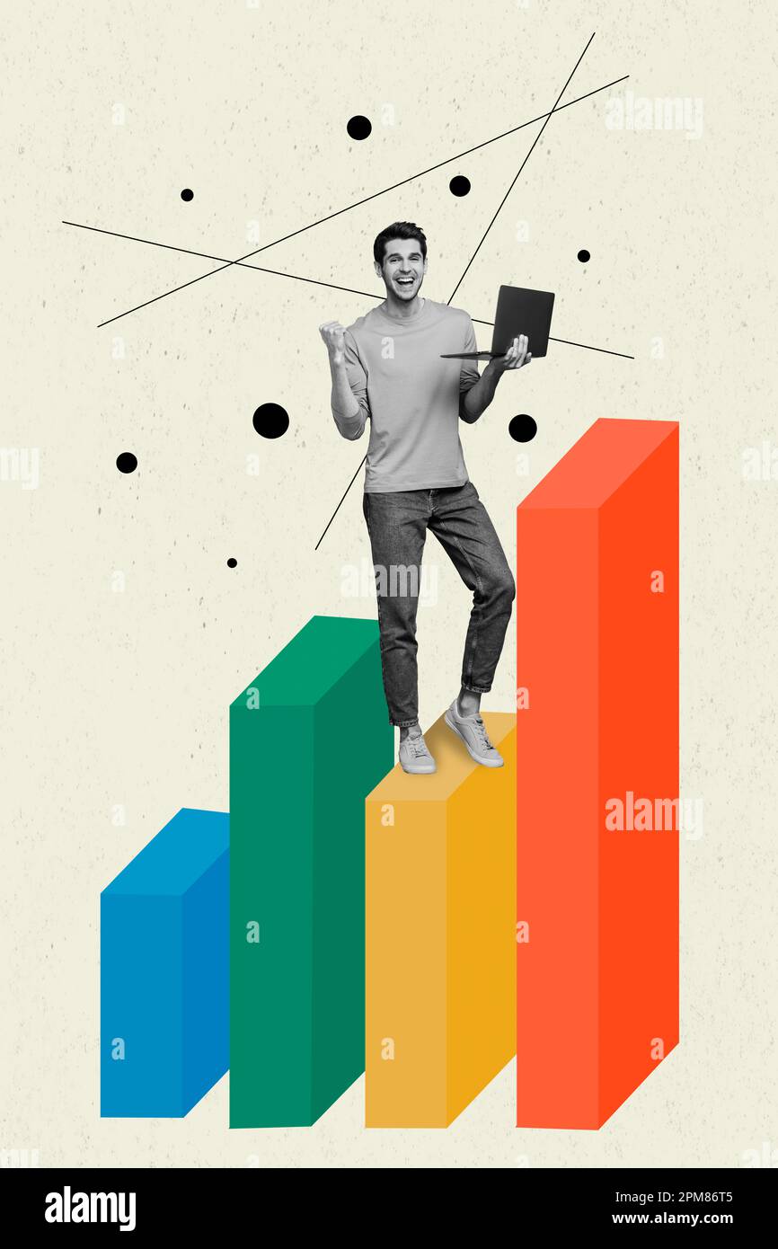 Vertical painted collage of young data analytics google worker fist up celebrate his company progress budget isolated on grey background Stock Photo