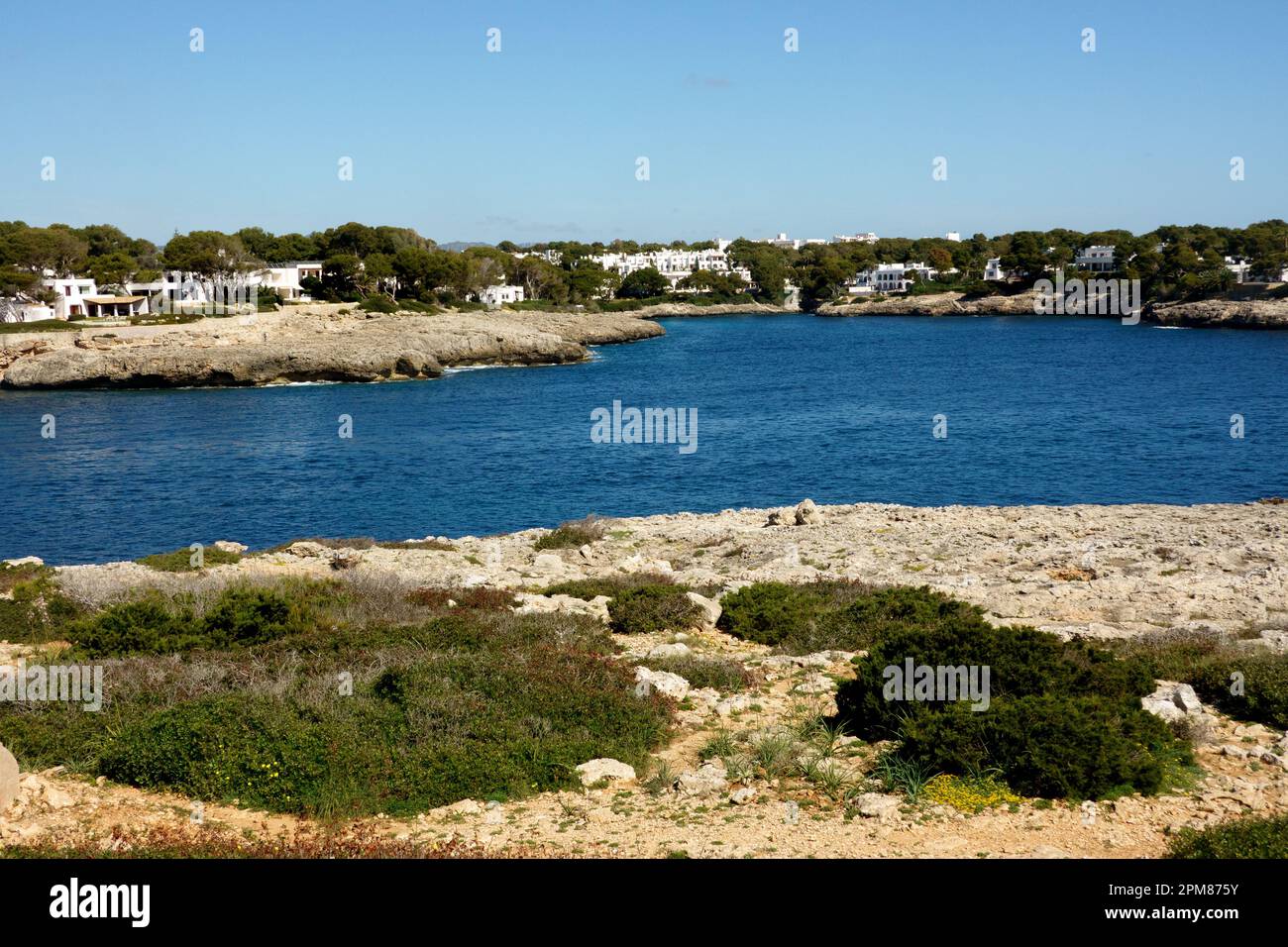 Cala d’Or, Majorca, Balearic Isles, Spain. View on the Cala Dor beach and coast from Es Fort, Mallorca Stock Photo
