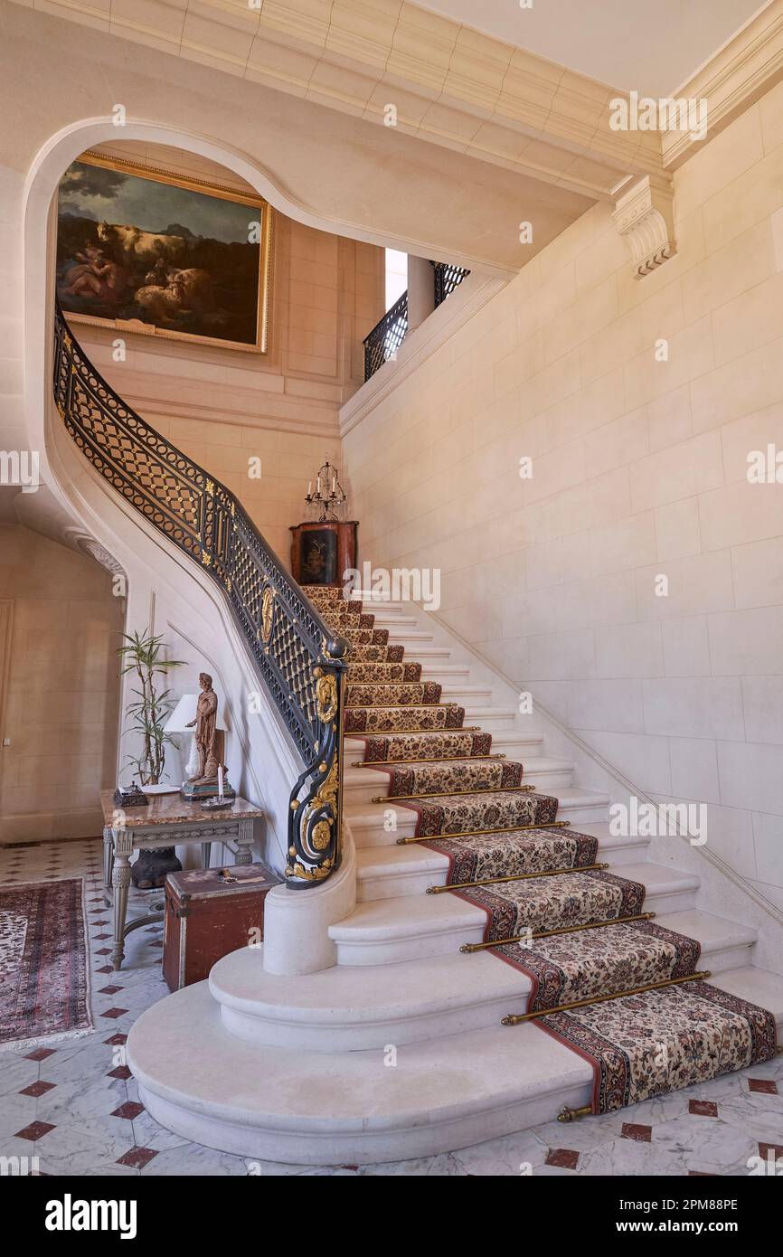 France, Mayenne, Craon, vestibule and main staircase of the castle with