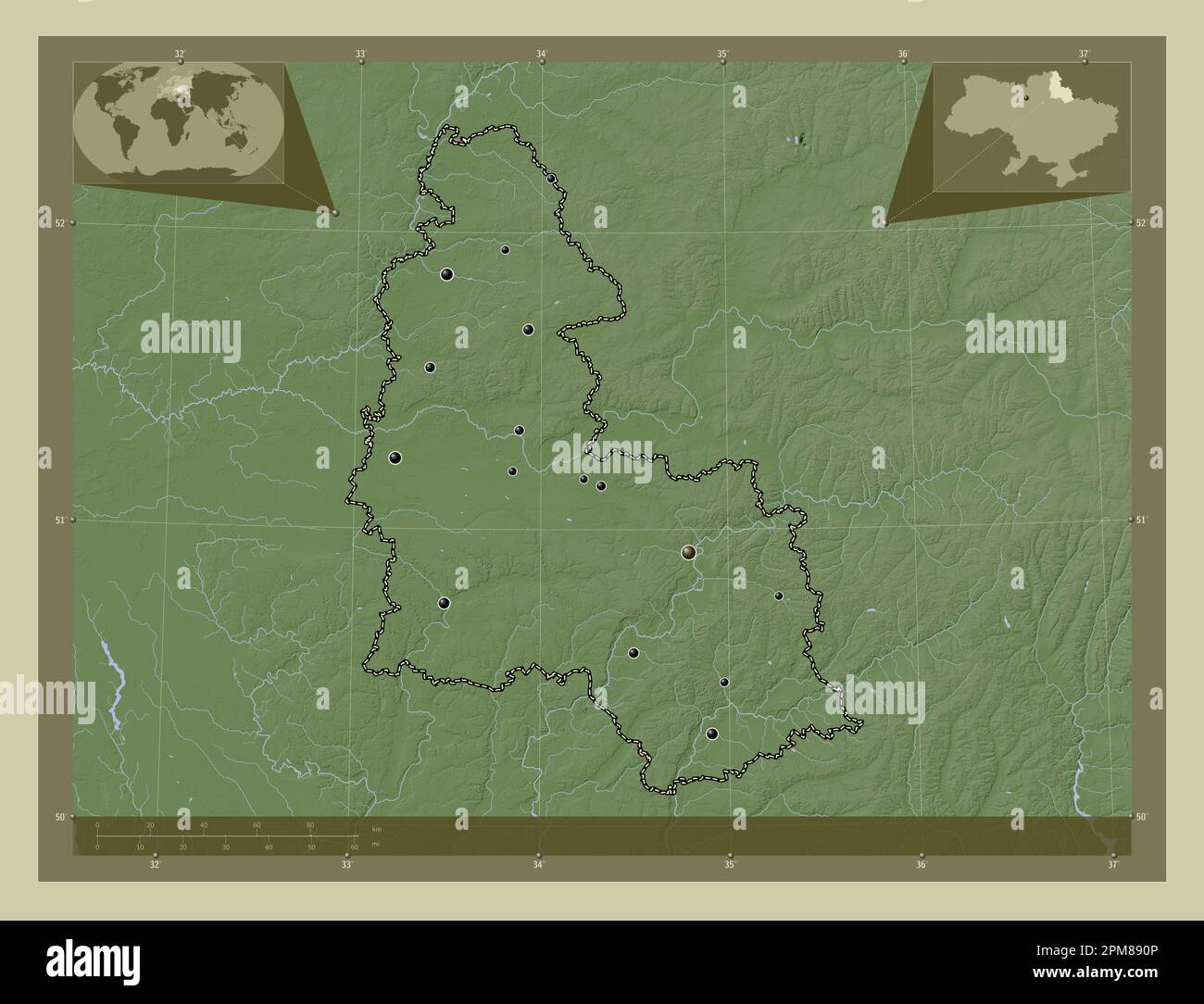 Sumy, region of Ukraine. Elevation map colored in wiki style with lakes ...