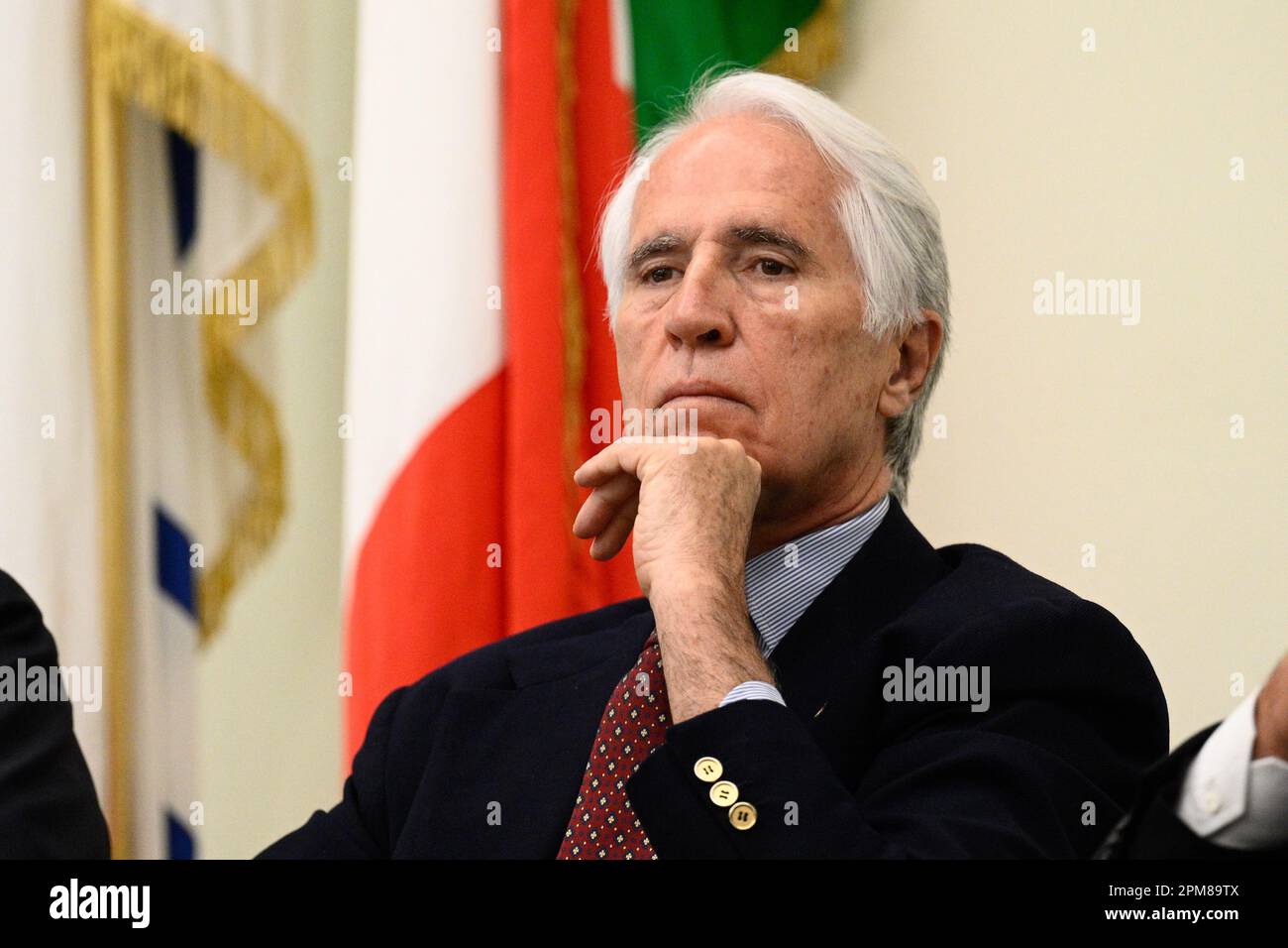 Giovanni Malago’ during press conference to present the DS Automobiles 80th Italian Open at the Coni Hall of Honor April 12, 2023 in Rome, Italy. Stock Photo