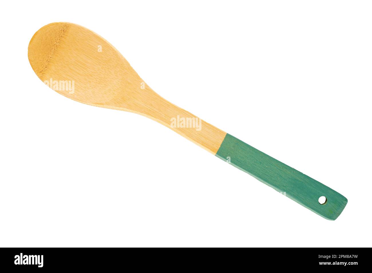 One wooden spoon for kitchen isolated on white background, macro, top view. Stock Photo
