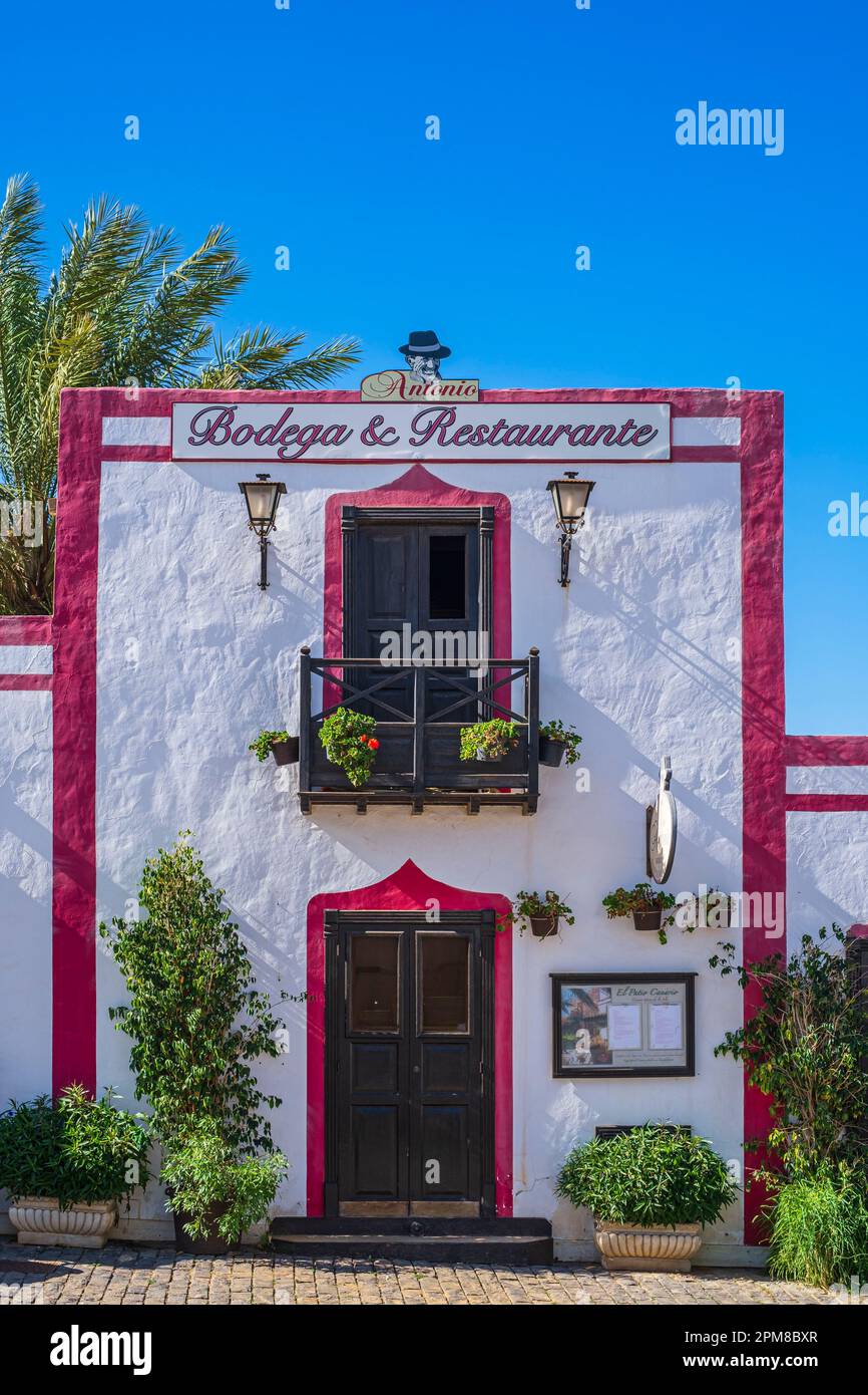 Spain, Canary Islands, Fuerteventura, municipality of Betancuria, Vega de Rio Palmas, Don Antonio restaurant in a renovated 17th century farmhouse Stock Photo