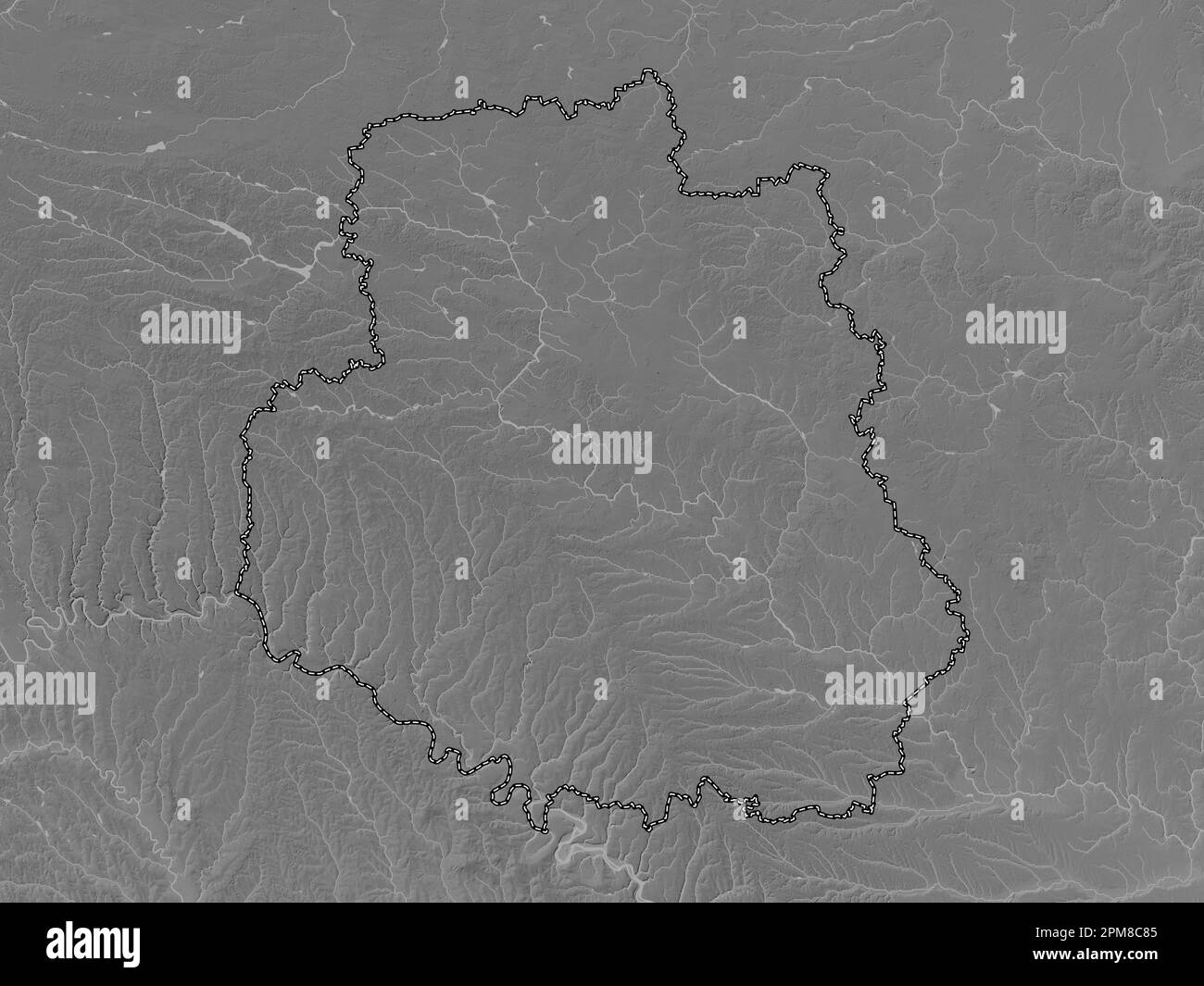Vinnytsya, region of Ukraine. Grayscale elevation map with lakes and rivers Stock Photo