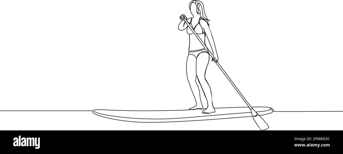 continuous single line drawing of woman standup paddleboarding, line art vector illustration Stock Vector