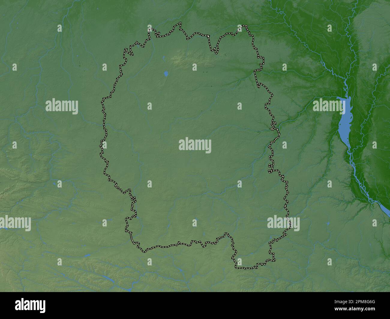 Zhytomyr, region of Ukraine. Colored elevation map with lakes and rivers Stock Photo