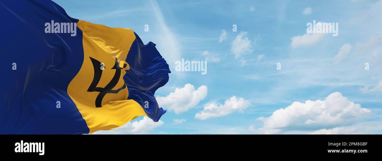 flag of English Creole peoples Barbadians at cloudy sky background, panoramic view. flag representing extinct country,ethnic group or culture, regiona Stock Photo