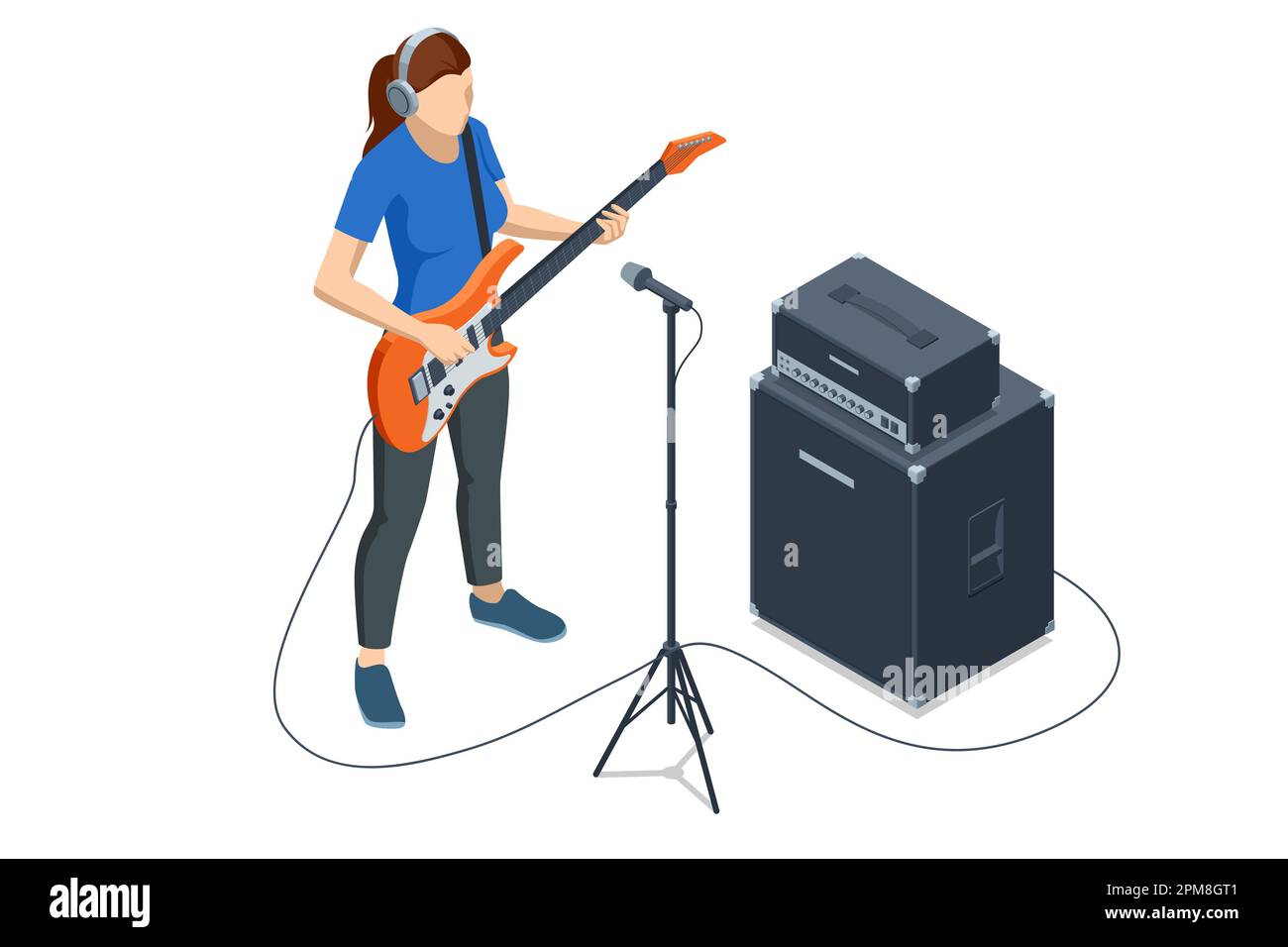 Isometric Realistic Electric Guitar. Woman playing an electric guitar