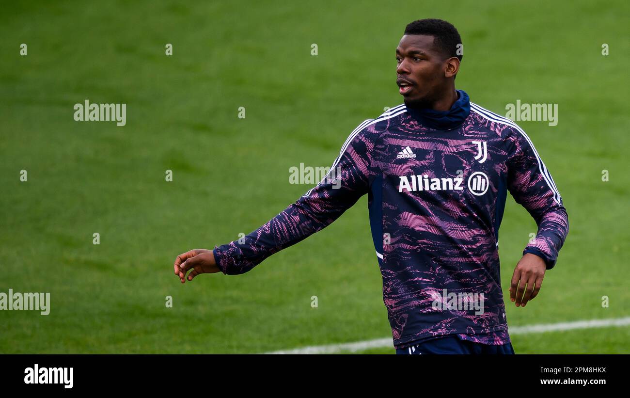 Turin, Italy. 12 April 2023. Paul Pogba of Juventus FC gestures during Juventus FC training on the eve of the UEFA Europa League quarterfinal first leg football match between Juventus FC and Sporting CP. Credit: Nicolò Campo/Alamy Live News Stock Photo