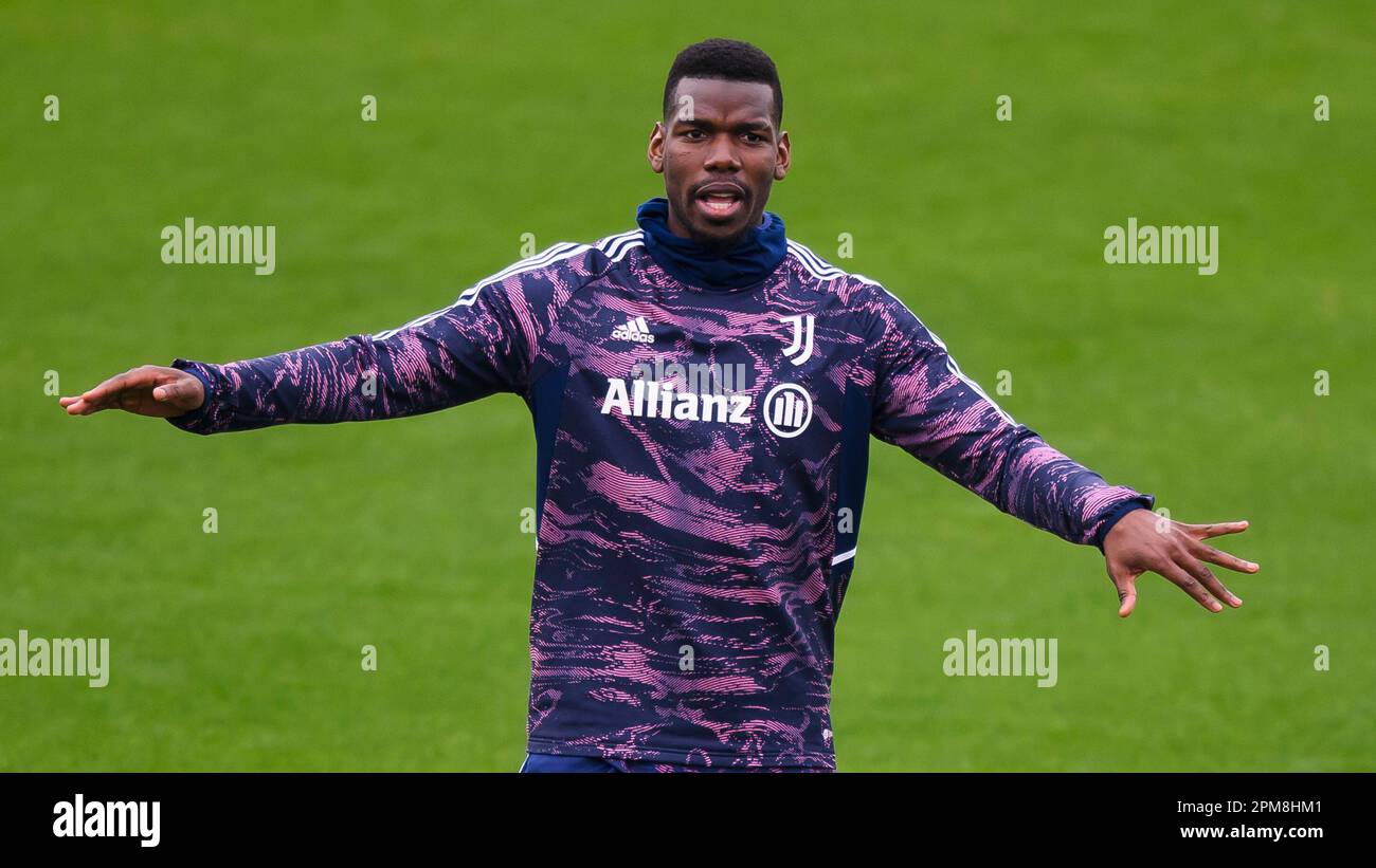 Turin, Italy. 12 April 2023. Paul Pogba of Juventus FC gestures during Juventus FC training on the eve of the UEFA Europa League quarterfinal first leg football match between Juventus FC and Sporting CP. Credit: Nicolò Campo/Alamy Live News Stock Photo