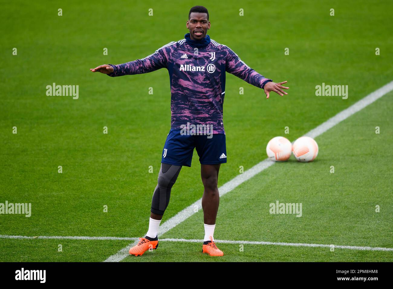 Turin, Italy. 12 April 2023. Paul Pogba of Juventus FC gestures during Juventus FC training on the eve of the UEFA Europa League quarterfinal first leg football match between Juventus FC and Sporting CP. Credit: Nicolò Campo/Alamy Live News Stock Photo