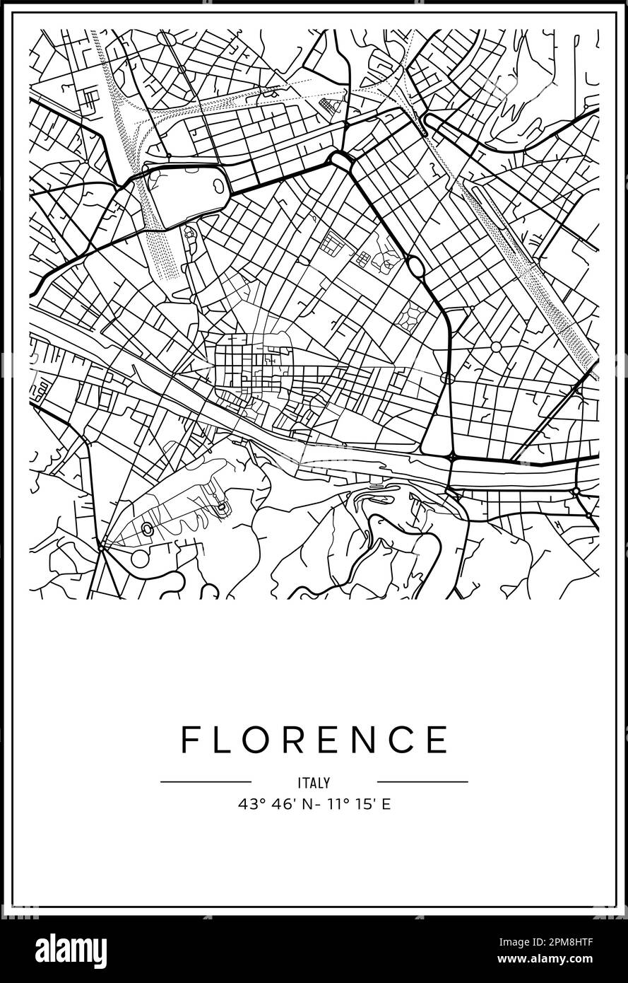 Black and white printable Florence city map, poster design, vector illistration. Stock Vector