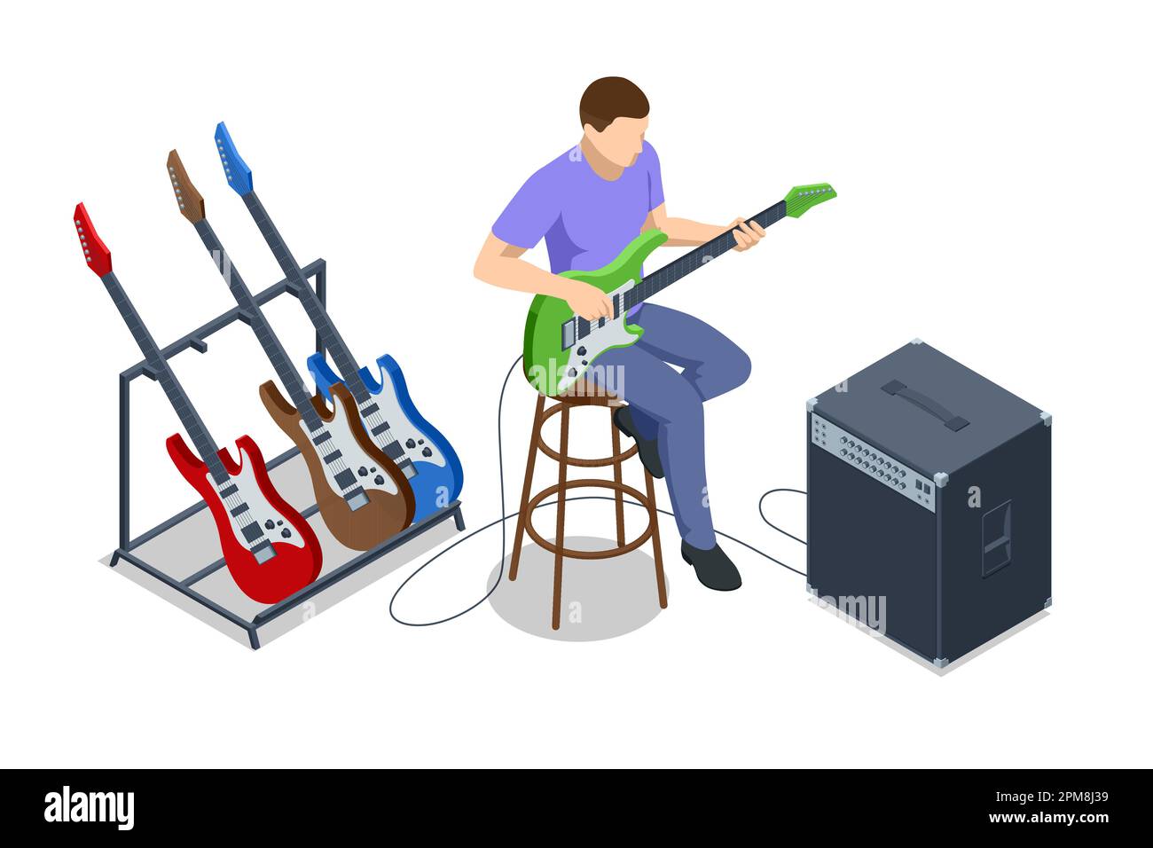 Isometric Realistic Electric Guitar. Man playing an electric guitar and