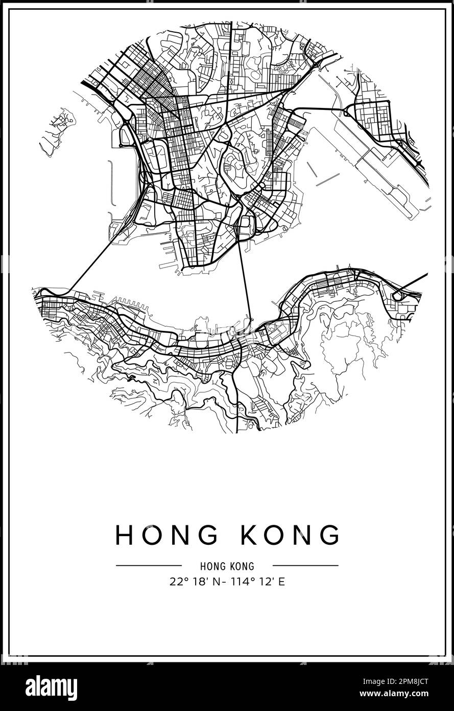 Black and white printable Hong Kong city map, poster design, vector