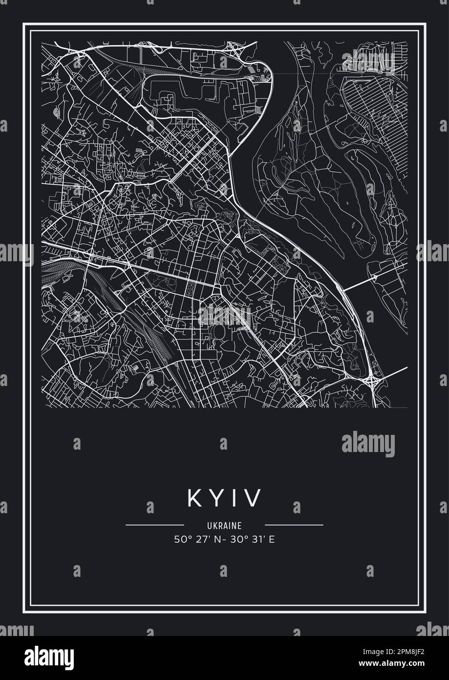 Black and white printable Kyiv city map, poster design, vector illistration. Stock Vector