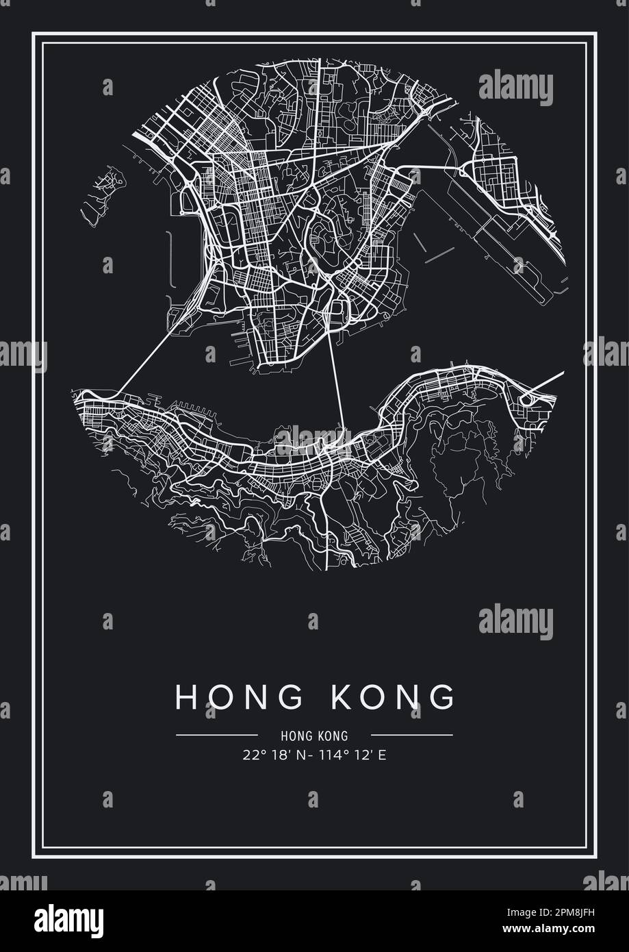 Black and white printable Hong Kong city map, poster design, vector illistration. Stock Vector