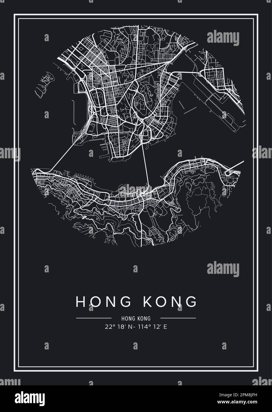 Black and white printable Hong Kong city map, poster design, vector