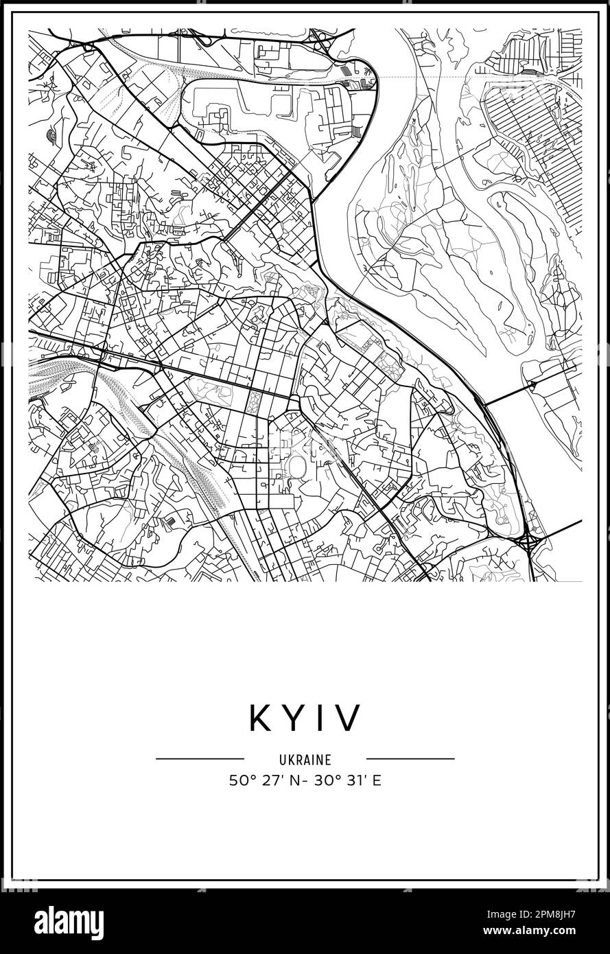 Black and white printable Kyiv city map, poster design, vector illistration. Stock Vector
