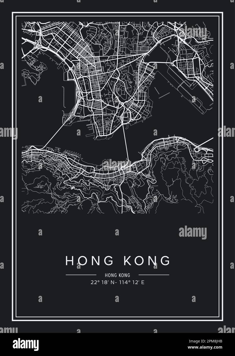 Black and white printable Hong Kong city map, poster design, vector illistration. Stock Vector