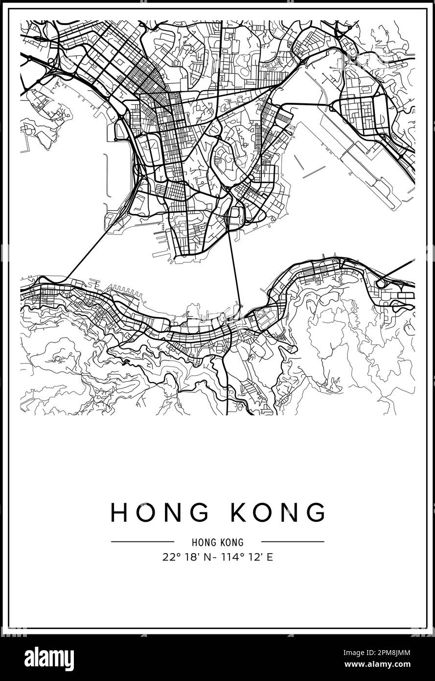 Black and white printable Hong Kong city map, poster design, vector