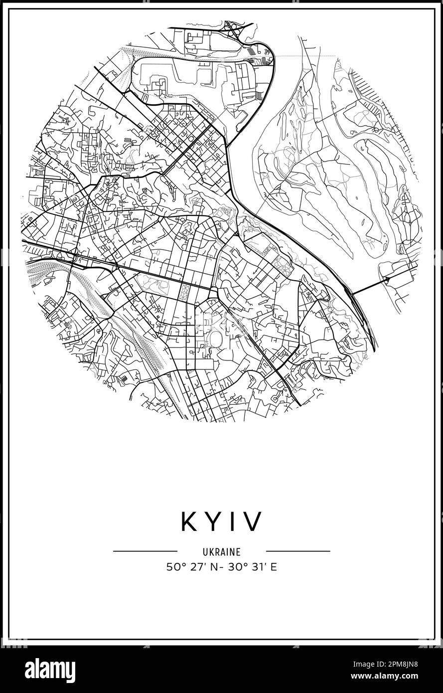 Black and white printable Kyiv city map, poster design, vector illistration. Stock Vector