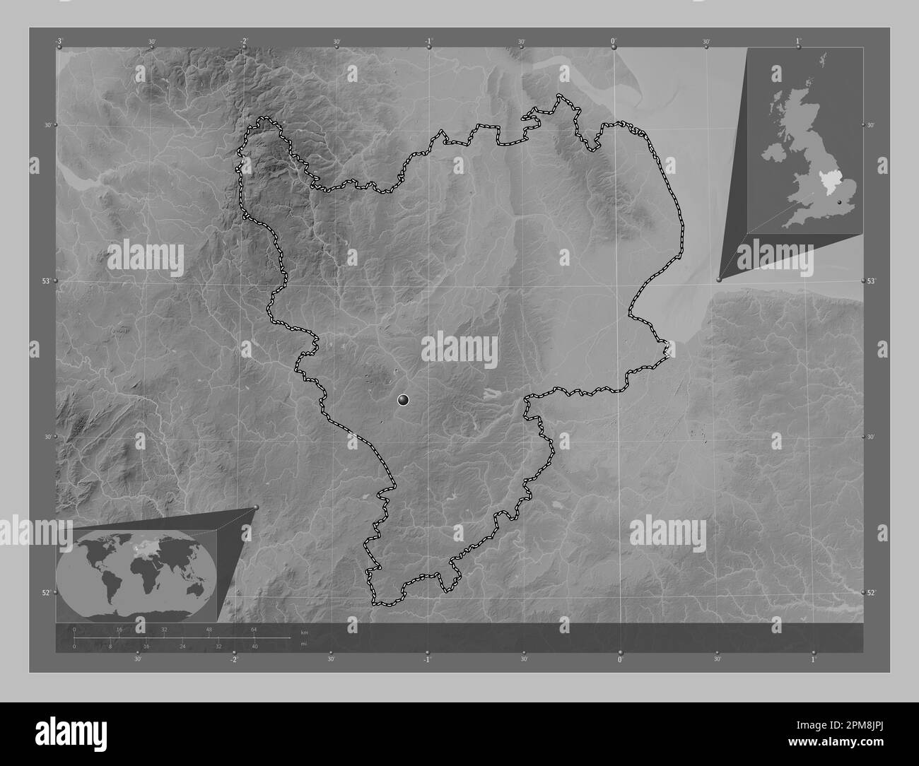 East Midlands Region Of United Kingdom Grayscale Elevation Map With Lakes And Rivers Corner 0150