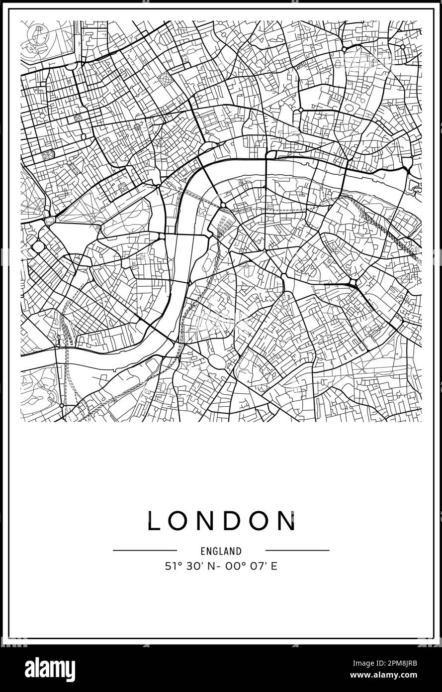 Black and white printable London city map, poster design, vector illistration. Stock Vector