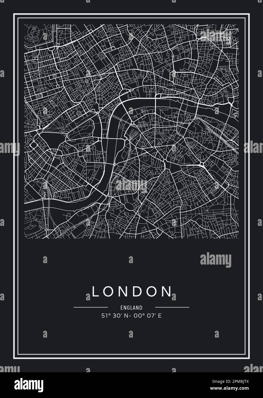 Black and white printable London city map, poster design, vector illistration. Stock Vector