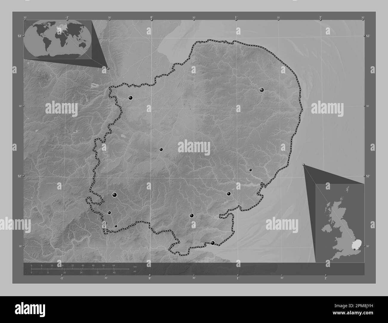 East of England, region of United Kingdom. Grayscale elevation map with lakes and rivers. Locations of major cities of the region. Corner auxiliary lo Stock Photo