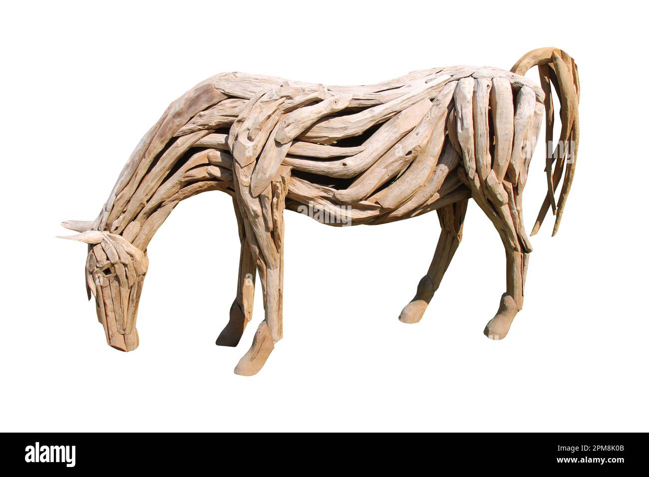 A Large Statue of a Horse Made from Wooden Pieces. Stock Photo