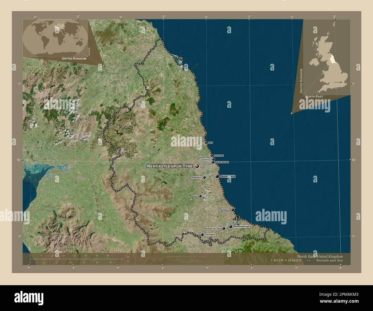 North East, region of United Kingdom. High resolution satellite map