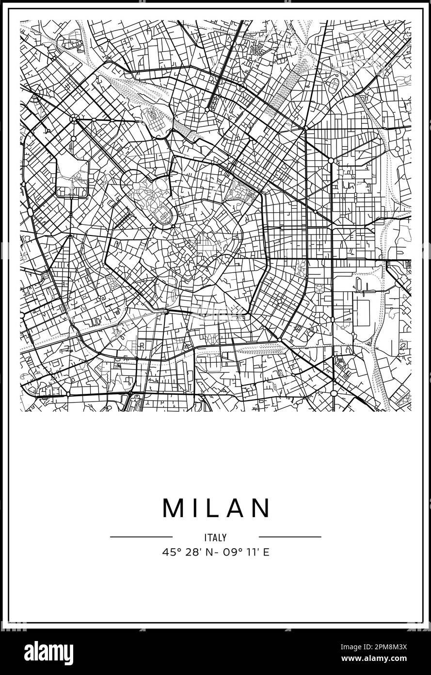 Black and white printable Milan city map, poster design, vector illistration. Stock Vector