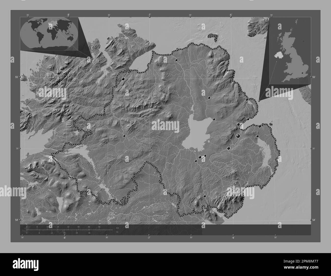 Northern Ireland, region of United Kingdom. Bilevel elevation map with lakes and rivers. Locations of major cities of the region. Corner auxiliary loc Stock Photo