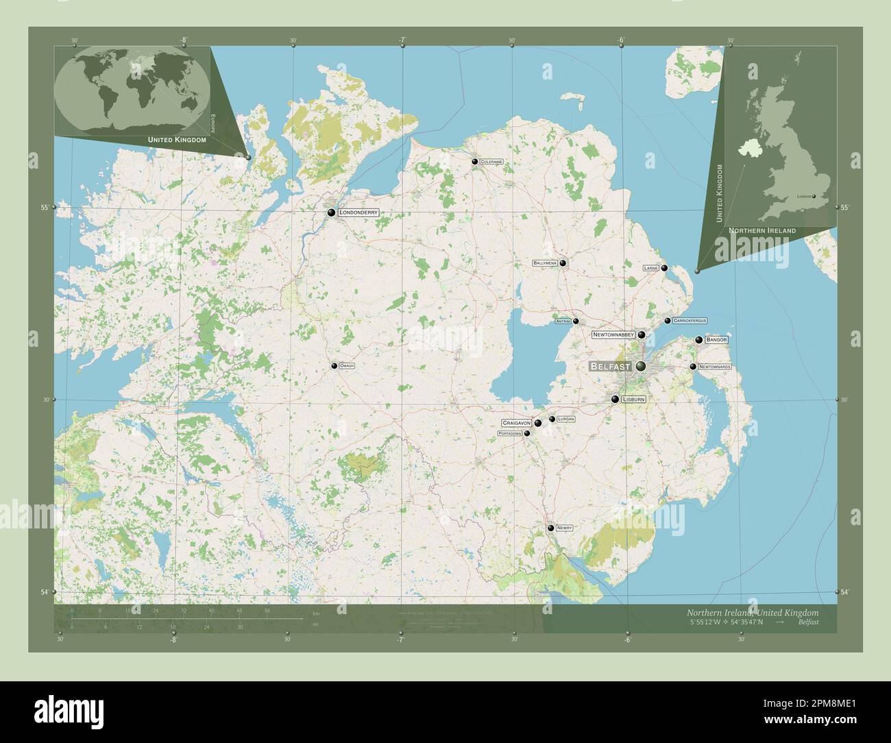 Northern Ireland, region of United Kingdom. Open Street Map. Locations and names of major cities of the region. Corner auxiliary location maps Stock Photo